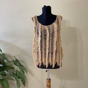 NWT  Women's Crochet Festival Top Med Tan Open-Weave Fringe Sleeveless